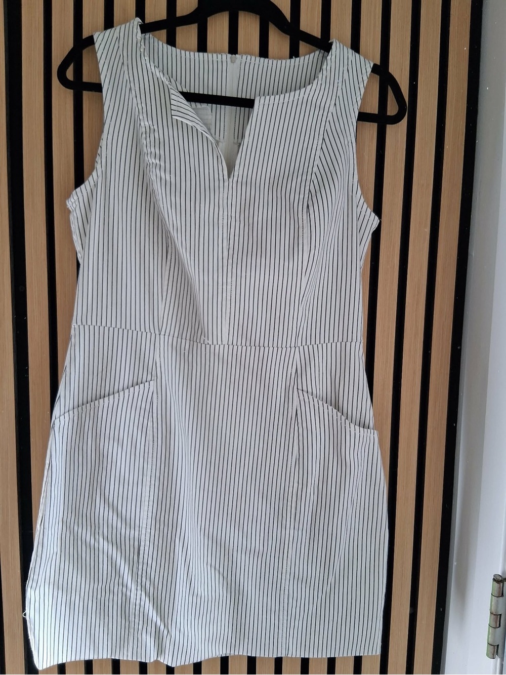 Striped Sleeveless Shift Dress in White and Grey